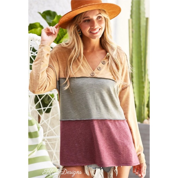 ❤️LAST! V Neck Slub French Terry Color Block Stitching Detail Henley Top! - Picture 4 of 7